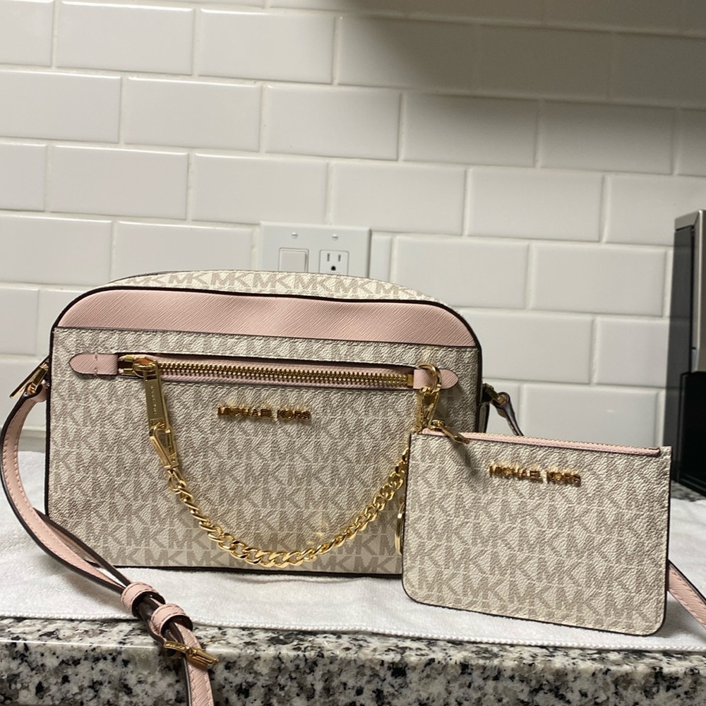 Michael Kors Beige and Pink Crossbody Bag with Pouch